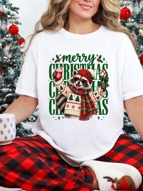 Merry Christmas Raccoon Hot Cocoa Candy Cane Scarf Heart Sunglasses T-Shirt